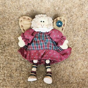 Country-Style Fabric Angel Doll Hangable Ornament 6.5" Wood Beaded Button Craft